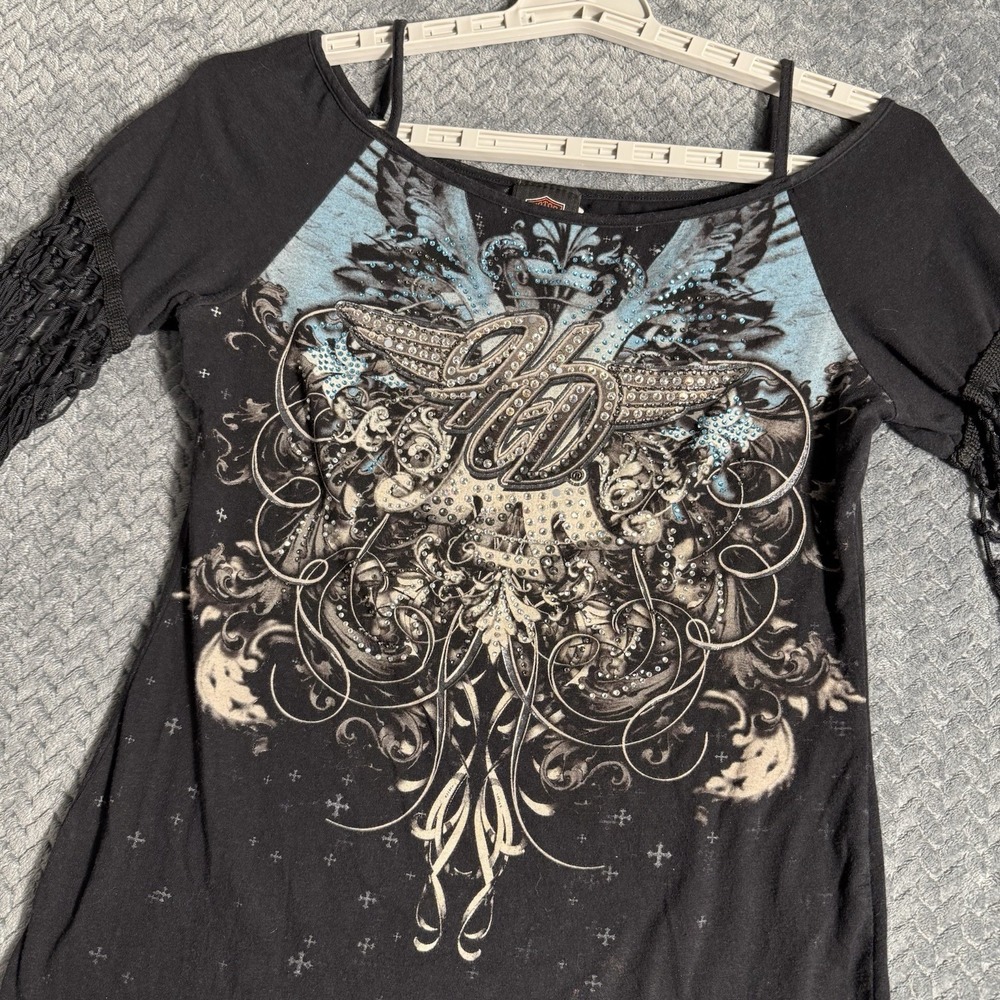 Harley-Davidson Women's Fringe Sleeve Y2K Graphic Top Medium‎ Black Jeweled  USA